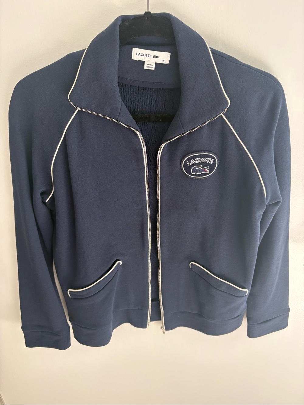 Lacoste Navy Zip-Front Bomber Jacket with White Piping